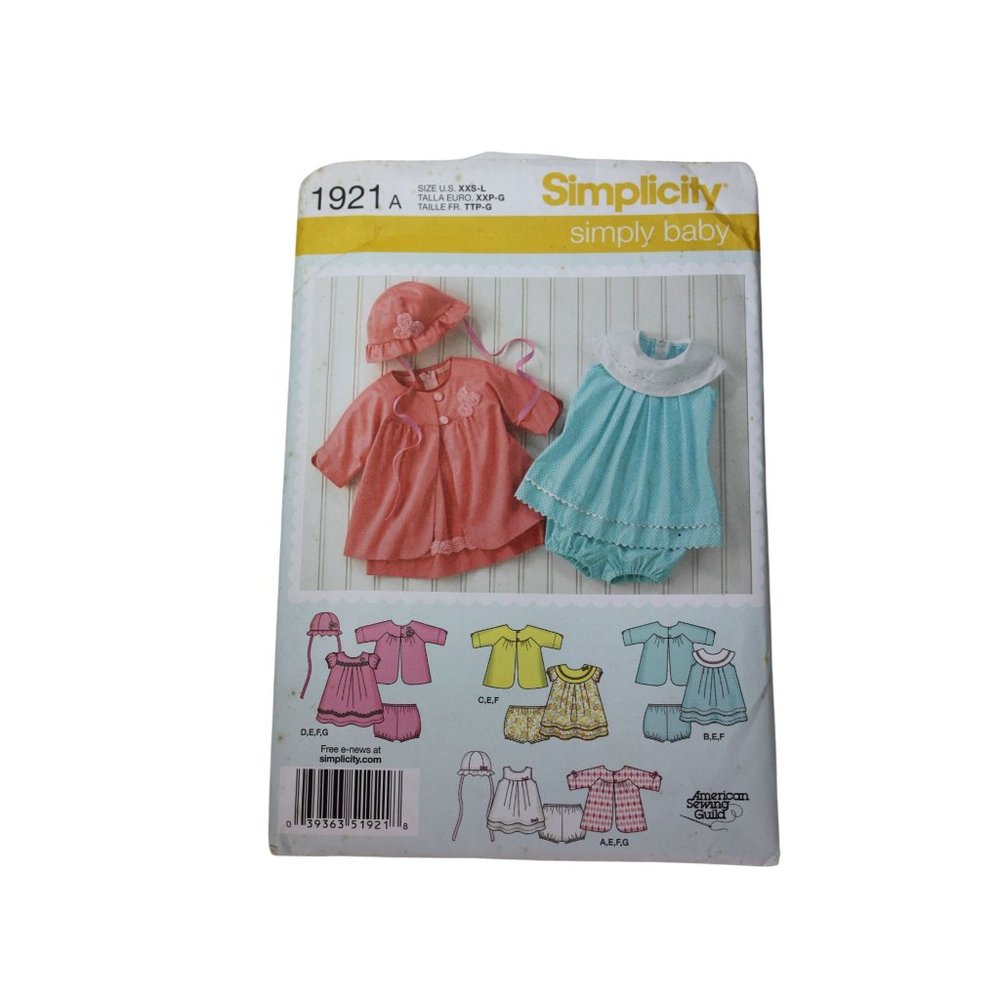 Simplicity 1921 Sewing Pattern Baby Dress Coat Hat Panties Girl Infant 91198